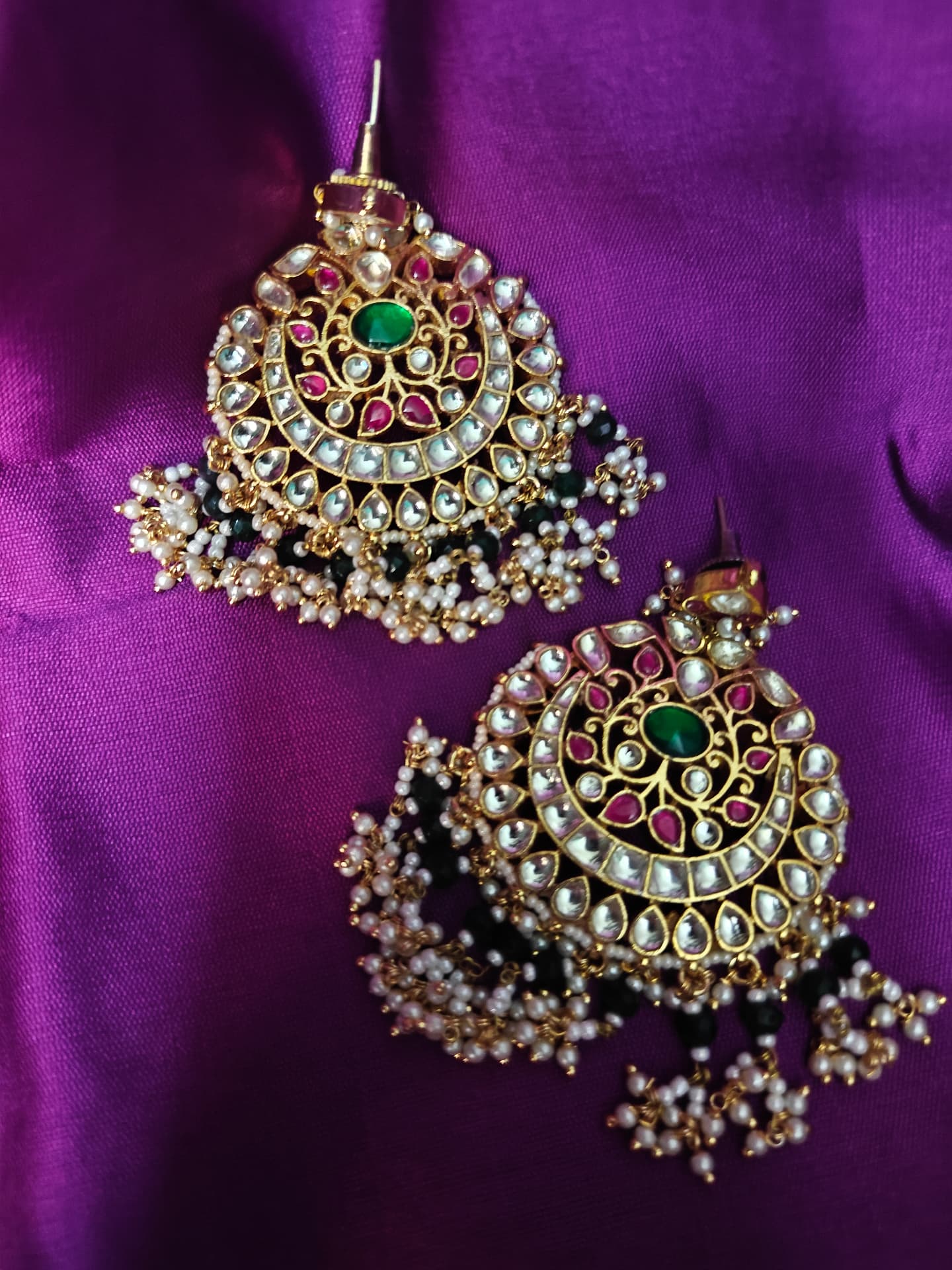 Large kundan chandbali earrings with pearl drops